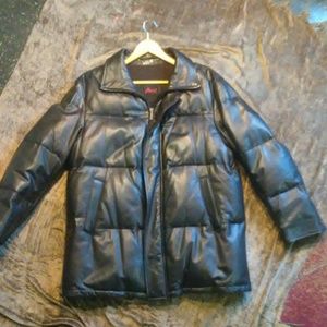 Mens medium Black leather Brioni mid length coat